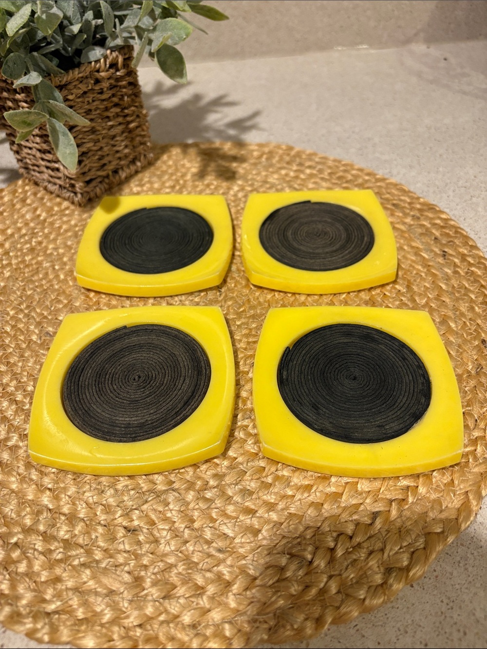 Vintage Yellow Plastic Coasters - Set of (4)